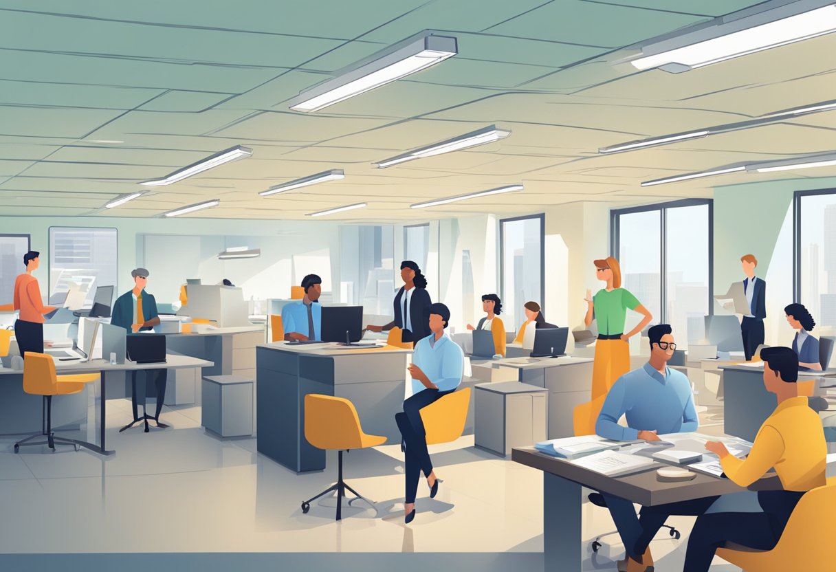 A busy office with people at their desks, a large FAQ sign on the wall, and a group of employees discussing