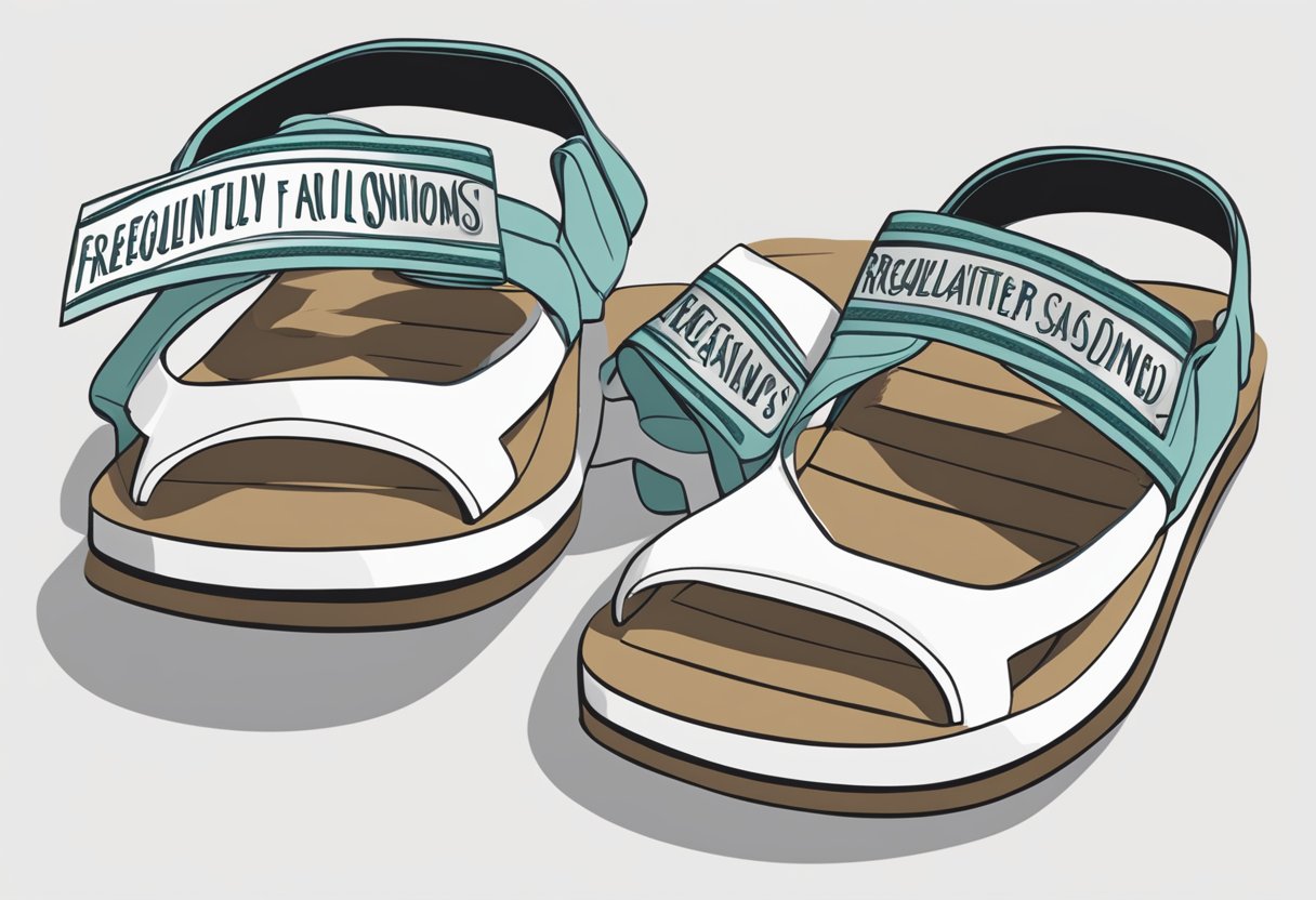 The scene shows a pair of Saltwater sandals displayed on a clean, white background with the words "Frequently Asked Questions" written in bold, black lettering above them