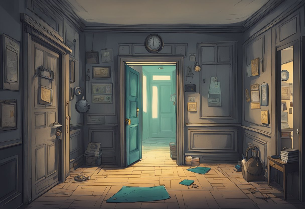 A dimly lit room with locked doors, scattered clues, and a ticking timer on the wall