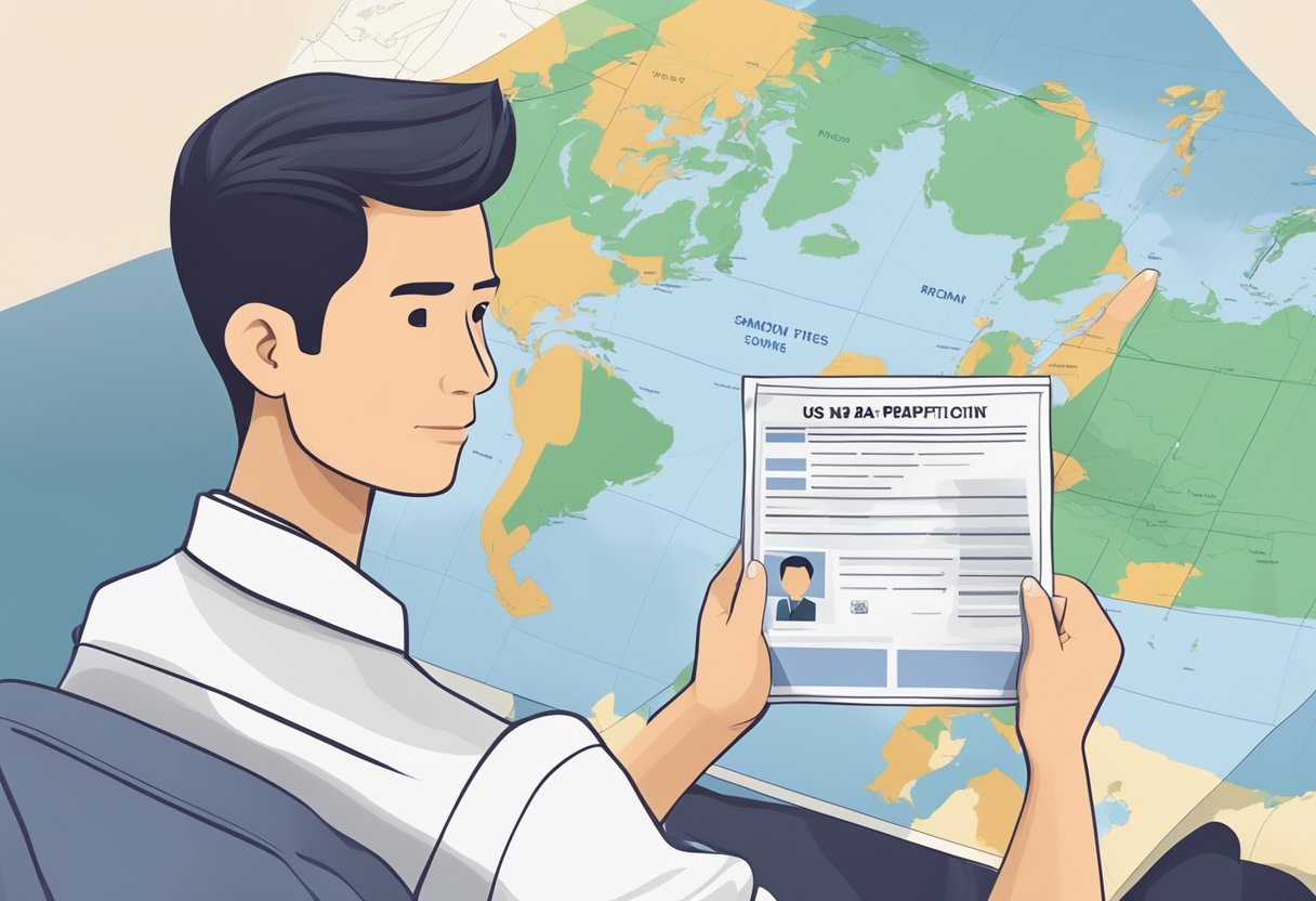 A Singaporean holding a US visa application form, with a map of the United States in the background