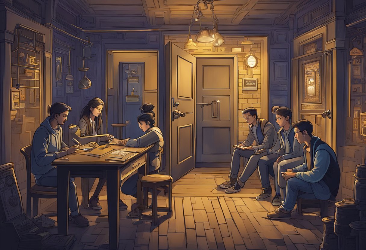 Participants solving puzzles, unlocking doors, and deciphering clues in a dimly lit, mysterious escape room filled with hidden secrets and surprises