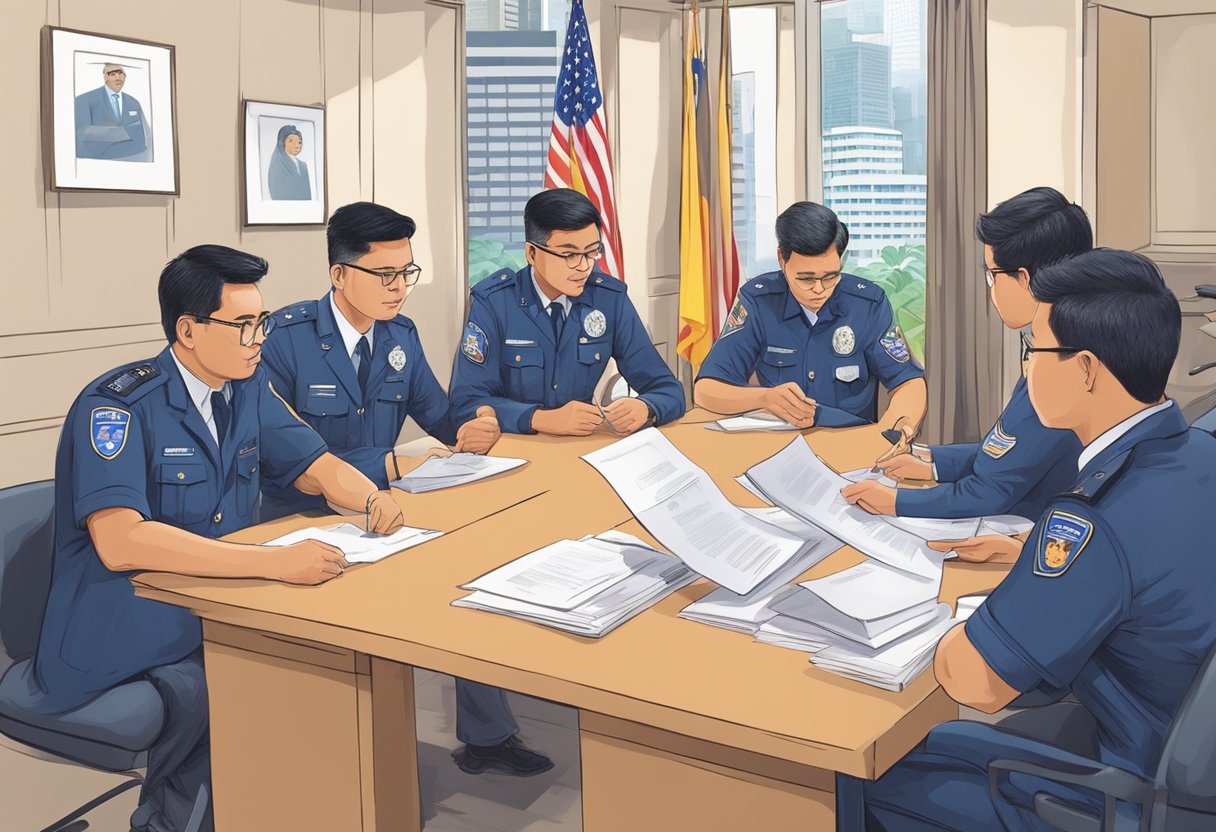 Applicants submit forms, passports, and photos at the US Embassy in Singapore. Officers review documents and conduct interviews