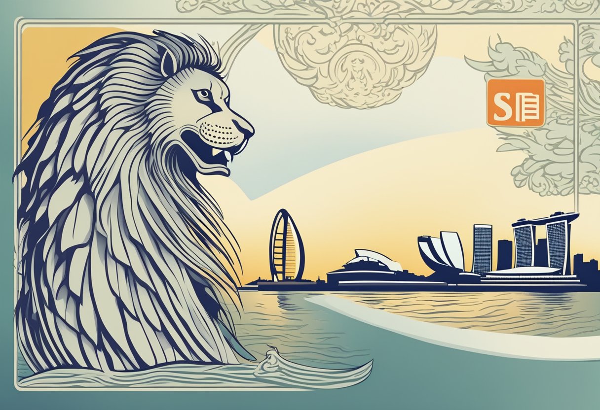 A passport with a Singapore visa stamp and the iconic symbol of the country, the Merlion, in the background