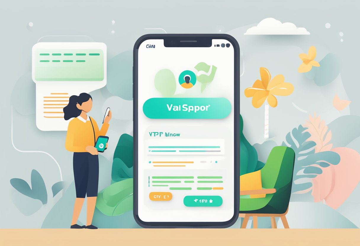 A smartphone displaying the VTP Singapore app with a checkmark next to "Vaccinated" and a "Apply Now" button