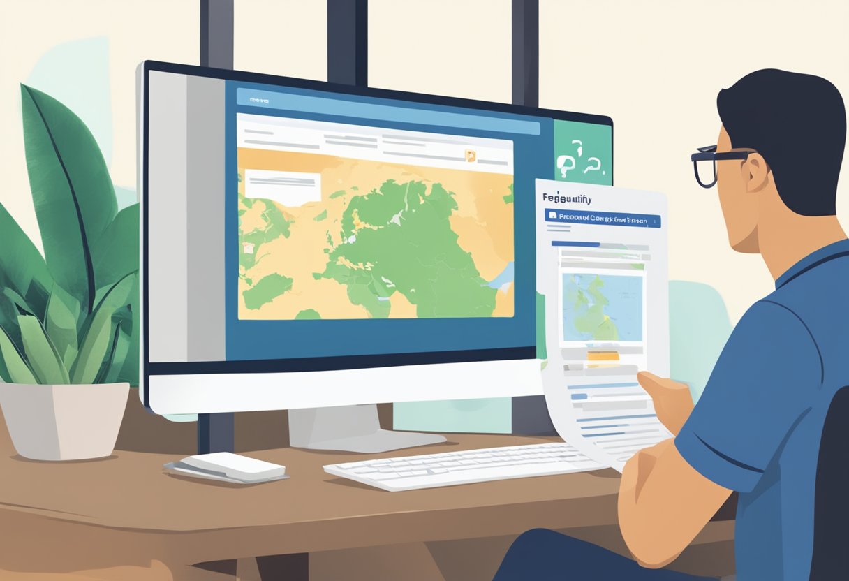 A person reading a "Frequently Asked Questions" page on a computer screen, with a Singapore visa and a map of Singapore visible in the background