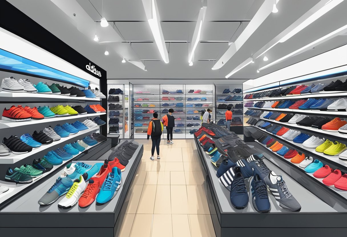 An adidas outlet in Singapore bustling with customers browsing through racks of sportswear and shoes. Brightly lit displays showcase the latest products