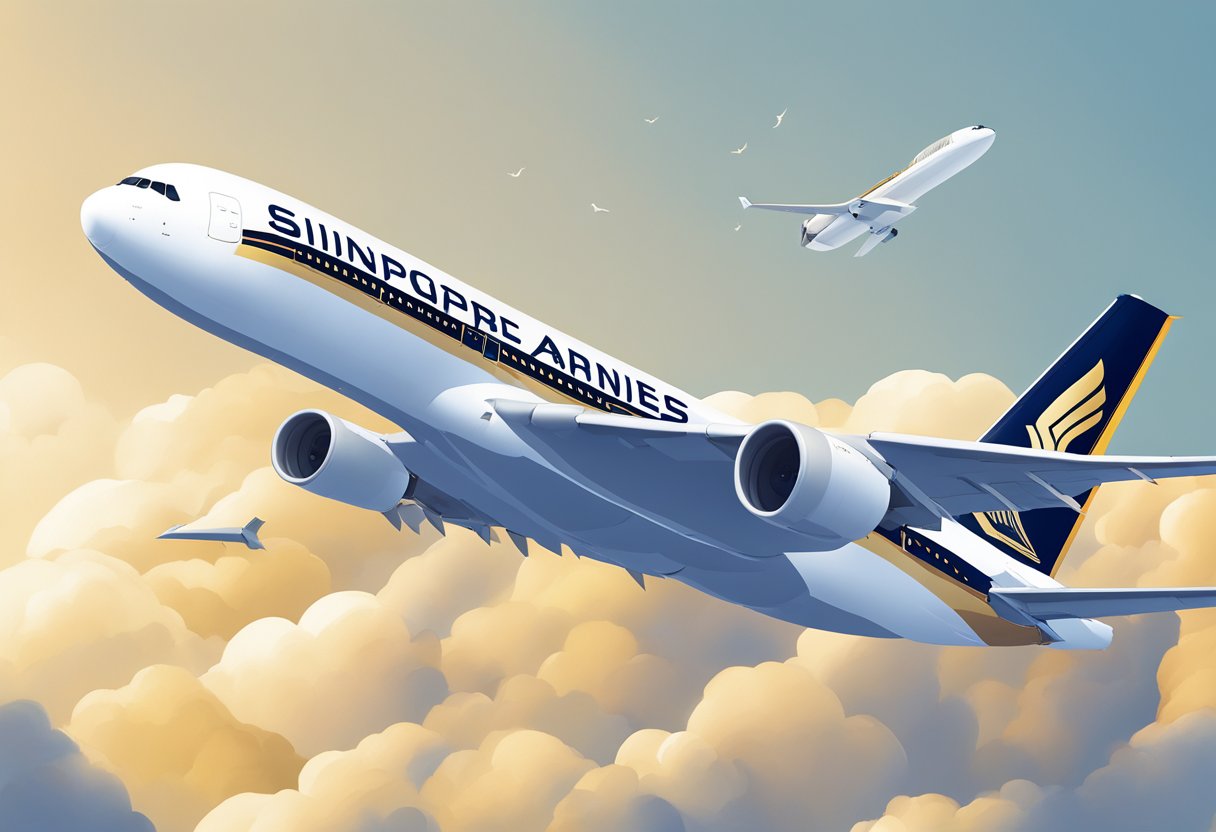 A Singapore Airlines plane soaring through the clear blue sky, with the iconic bird logo prominently displayed on the tail fin