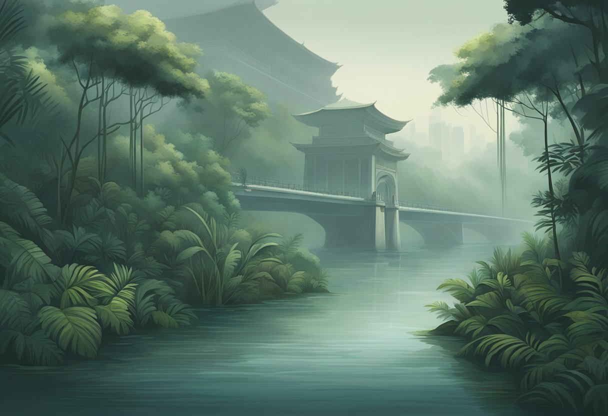 The dense jungle looms over the murky waters of the Singapore River, shrouded in an eerie mist, evoking a sense of foreboding and mystery