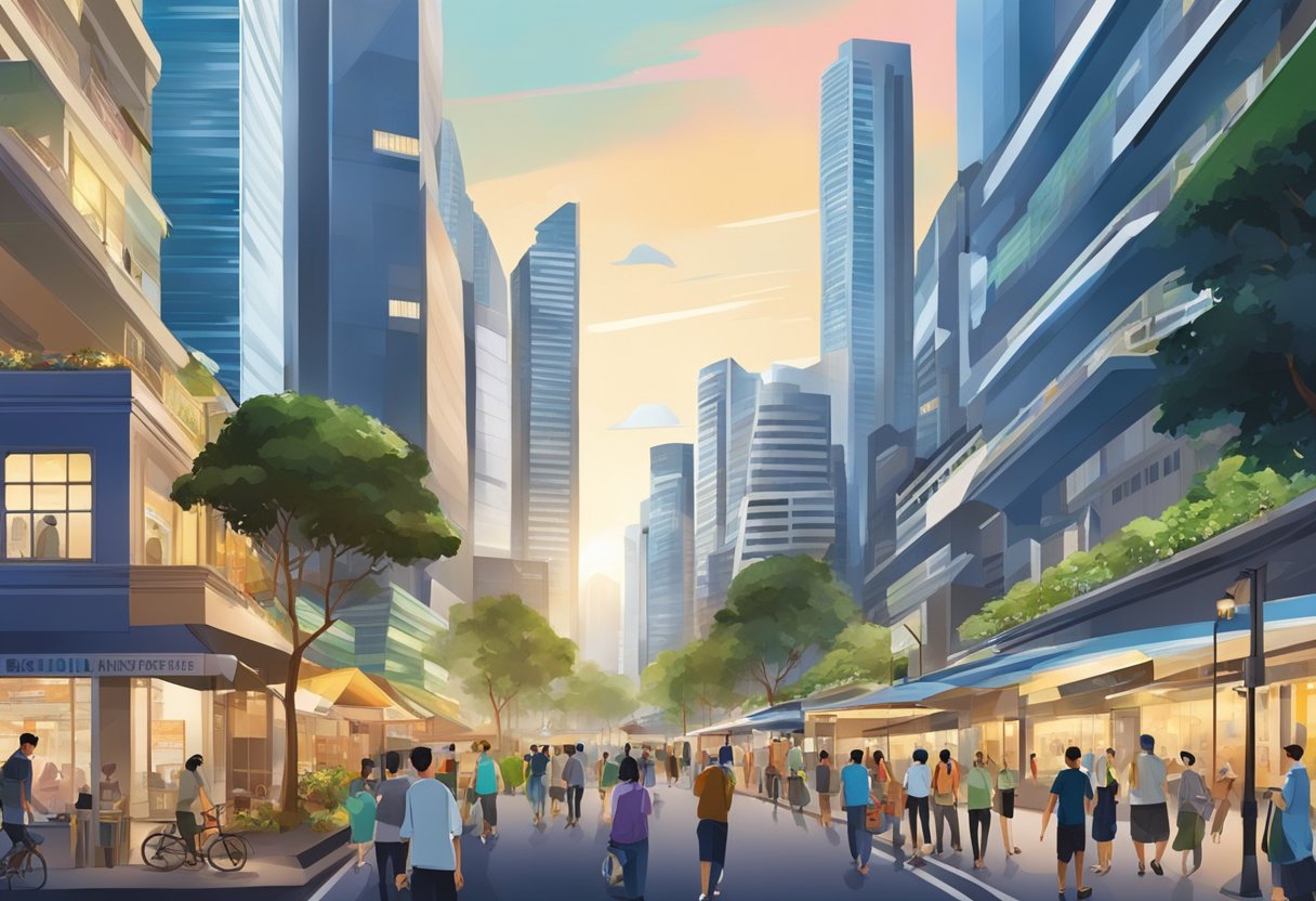 A bustling cityscape with modern architecture and vibrant street life in the heart of Singapore