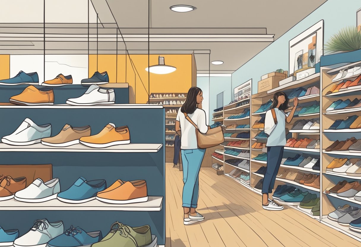 Customers browsing shelves of Toms shoes in a modern, well-lit store with friendly staff assisting