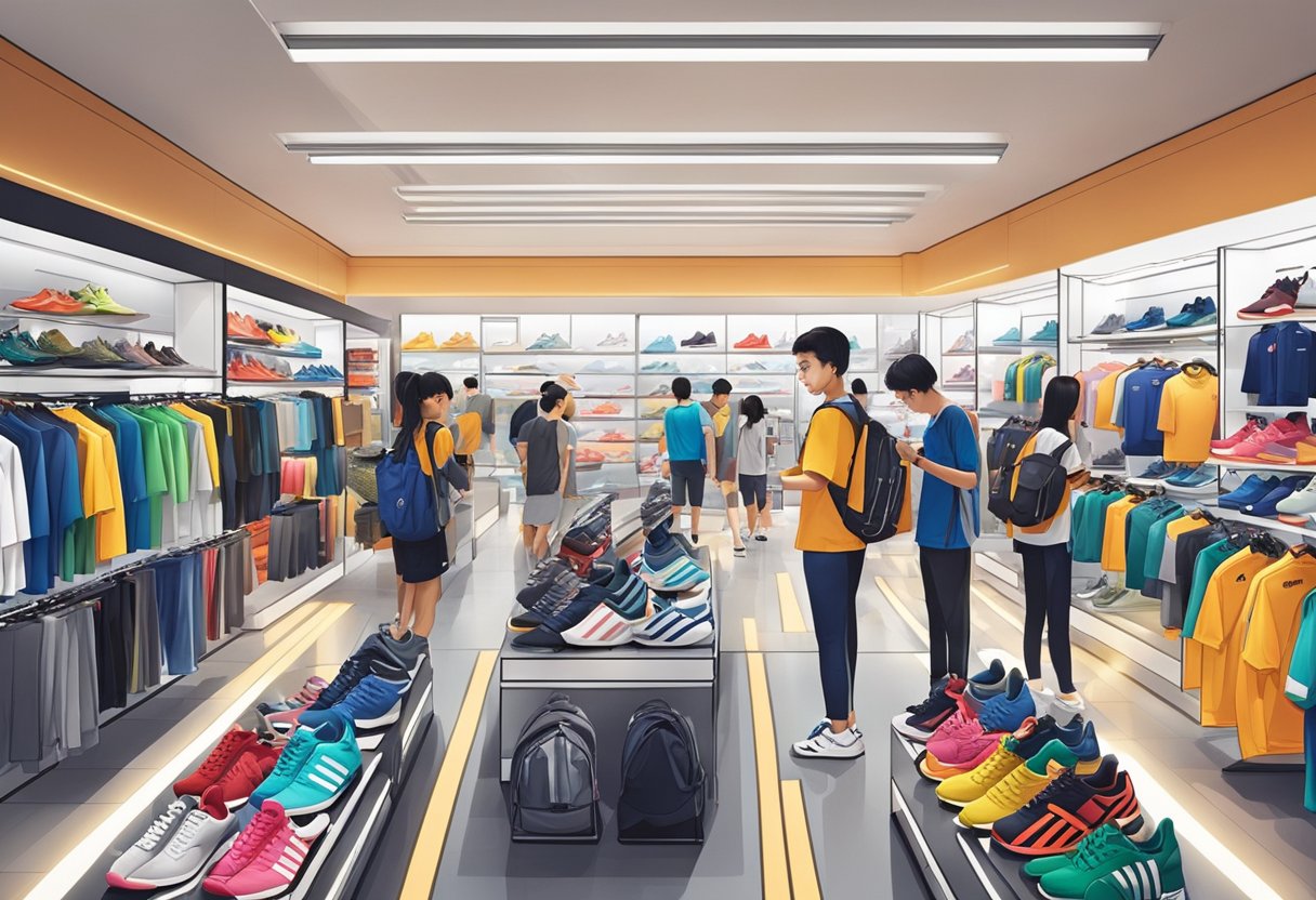 Customers browsing Adidas merchandise at a busy outlet store in Singapore. Brightly lit displays showcase shoes, clothing, and accessories