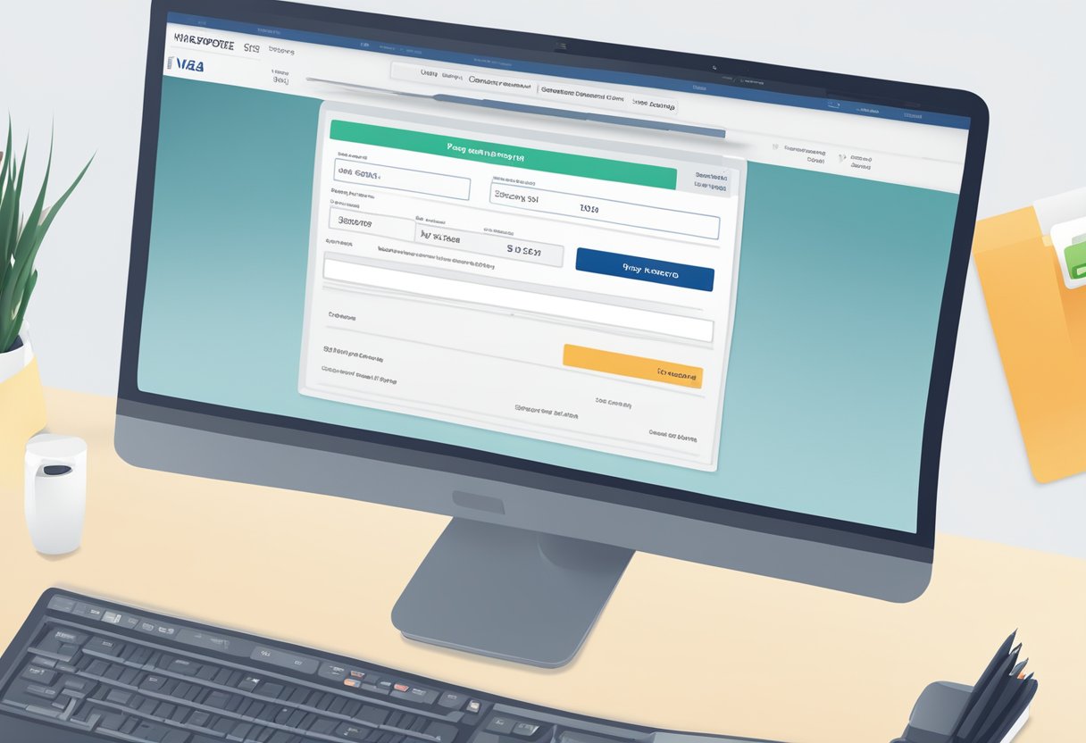 A computer screen displaying visa tracking and finalization process with a Singapore visa application form and a progress bar