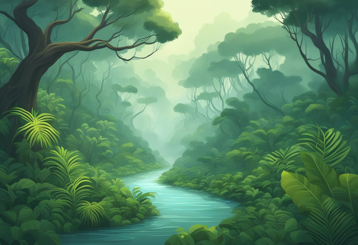 A dense jungle with twisted vines, towering trees, and mysterious sounds. A murky river winds through the landscape, shrouded in mist