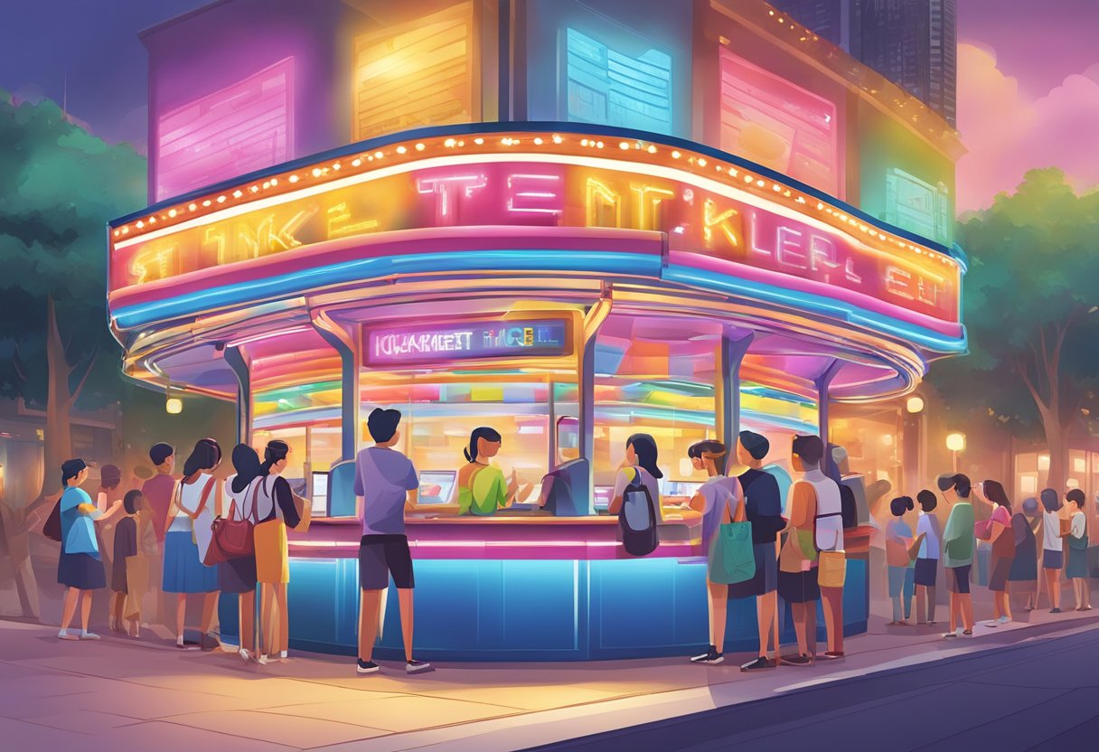 Ticketmaster Singapore: A bustling ticket booth with a colorful marquee, surrounded by eager customers. Bright lights and a lively atmosphere