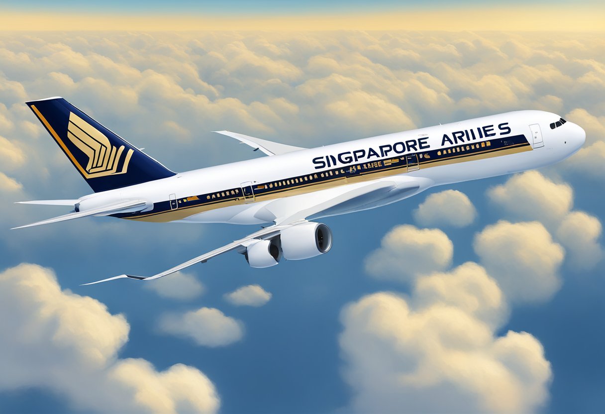A Singapore Airlines plane soars through a clear blue sky, its iconic bird logo visible on the tail. The aircraft is sleek and modern, with the airline's name prominently displayed on the fuselage