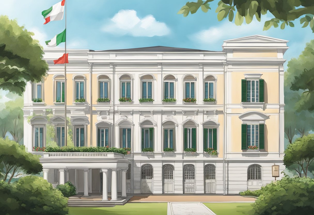 The Italian flag flies proudly outside the Consular Services office at the Italian Embassy in Singapore. The building's elegant architecture and well-maintained gardens create a welcoming atmosphere for visitors
