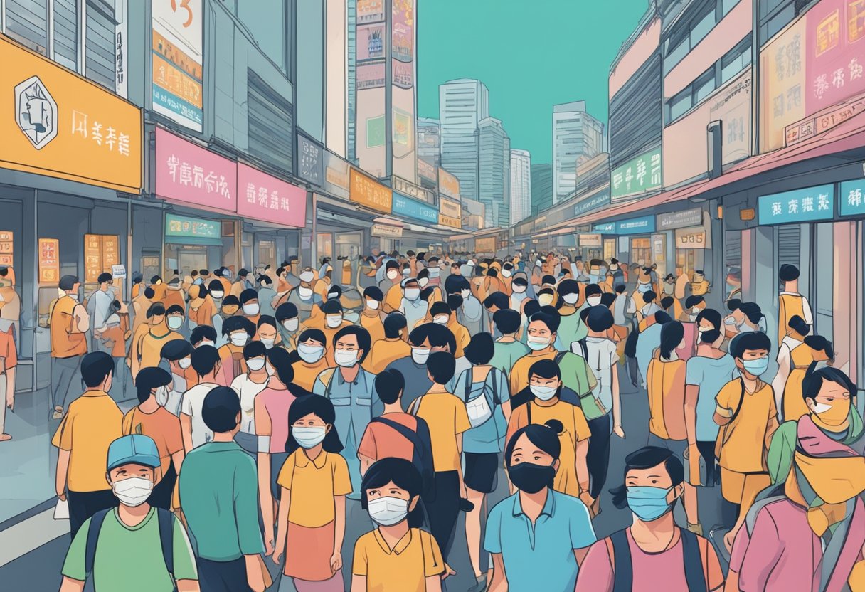 A crowded street in Singapore, with people wearing masks and signs warning about the Wuhan virus