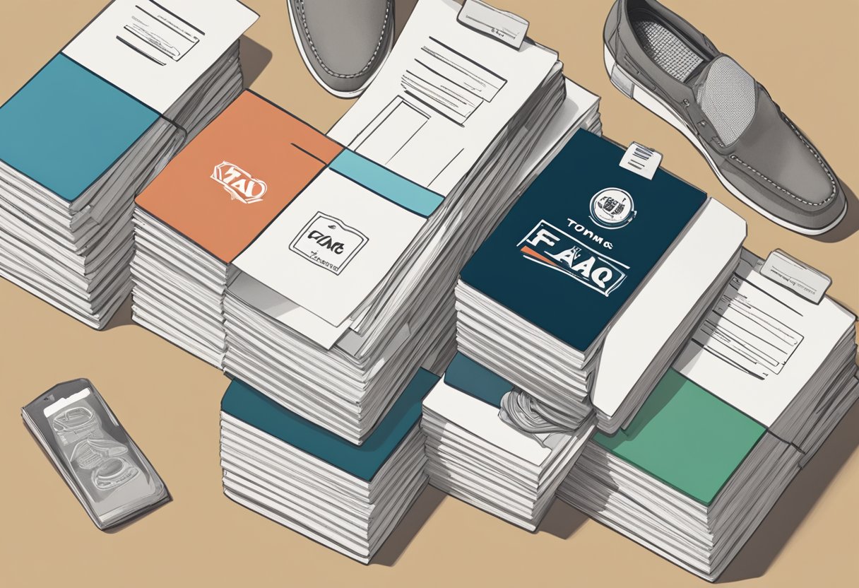 A stack of FAQ cards on a table, with a pair of TOMS shoes next to them. The TOMS logo is visible on the shoes
