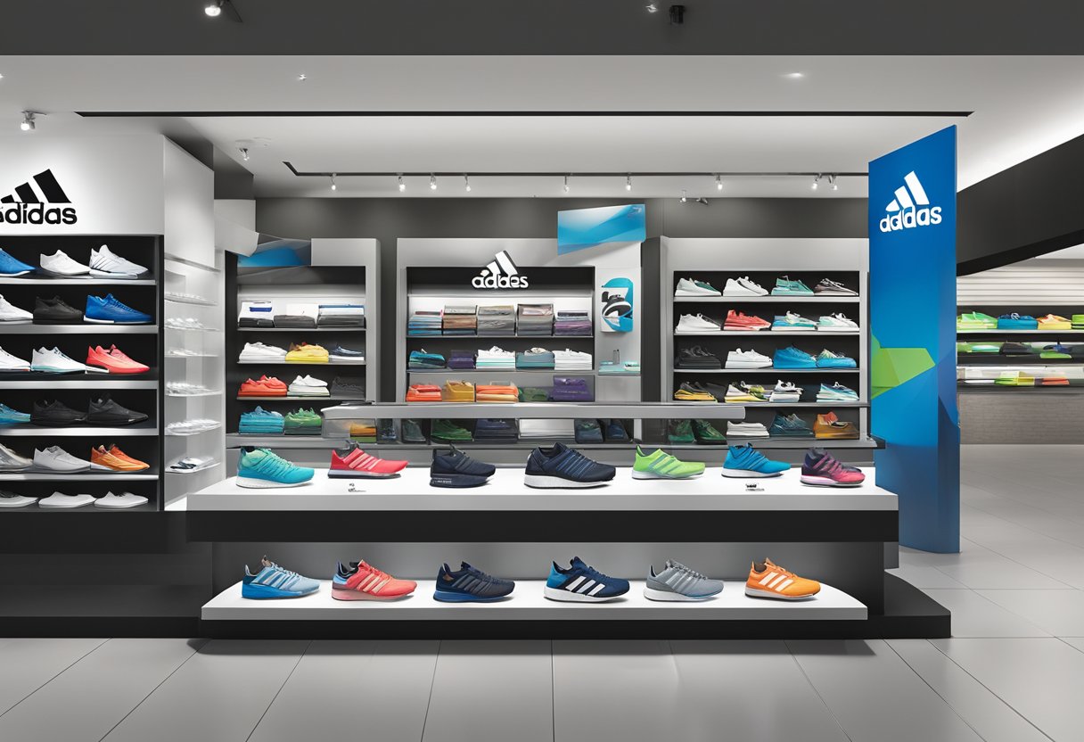 The adidas outlet in Singapore showcases rewards and partnerships through prominent displays and signage. The logo and branding are featured prominently throughout the store