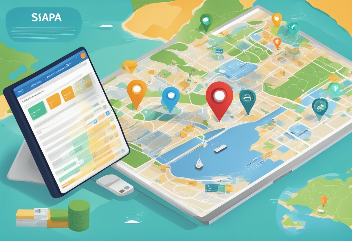 A colorful map of Singapore with visa application forms and a list of frequently asked questions displayed on a computer screen