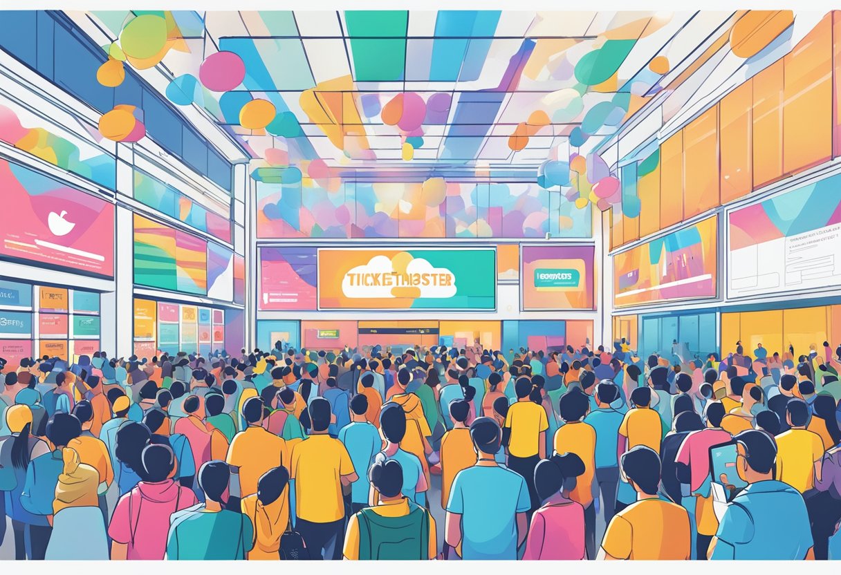 People in line at Ticketmaster Singapore, surrounded by colorful posters and digital screens, eagerly exploring upcoming events