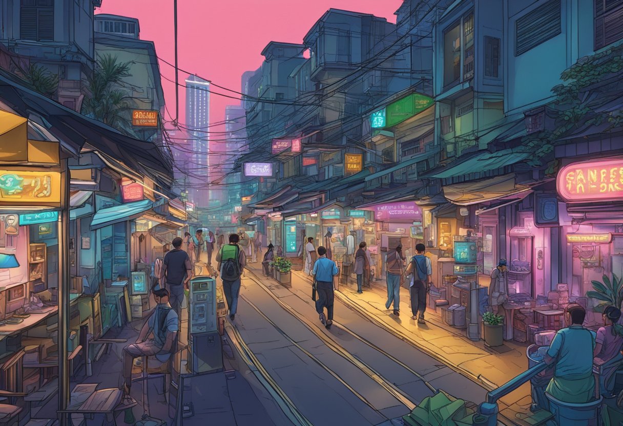 The bustling streets of Singapore's heart of darkness, with neon signs and crowded alleys, create a sense of mystery and intrigue