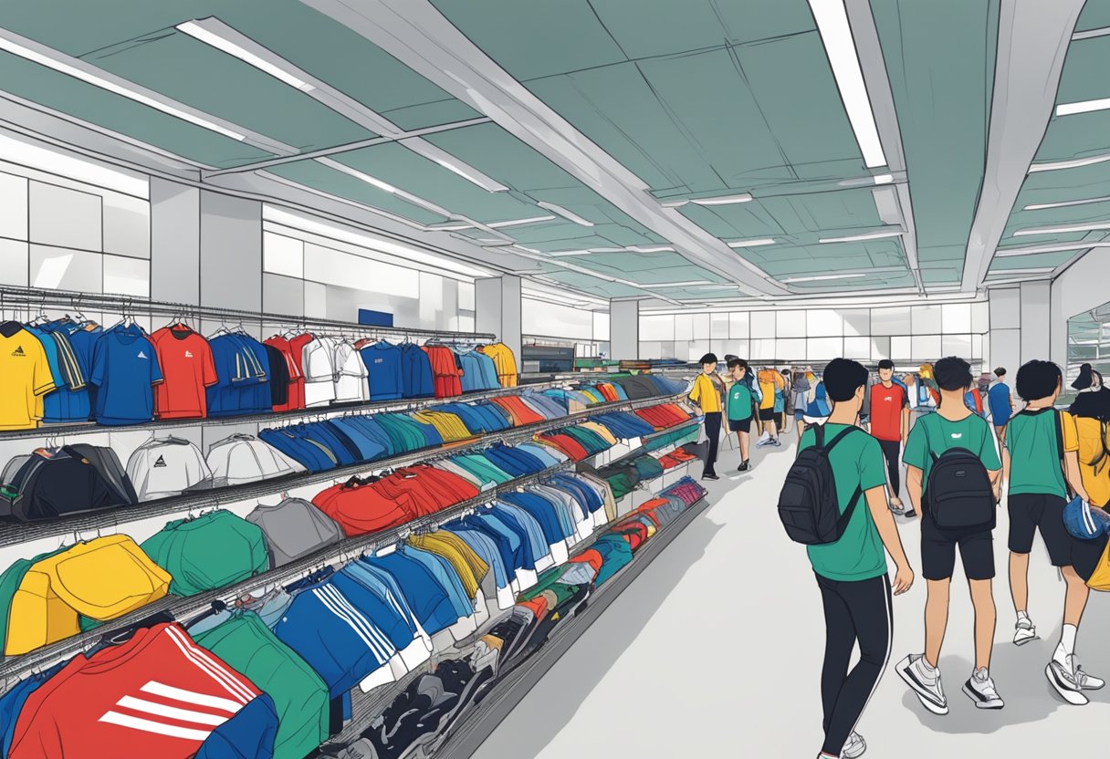 Customers browsing through racks of discounted adidas merchandise at the outlet store in Singapore