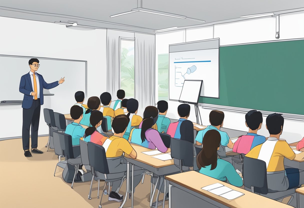 A classroom setting with a whiteboard, desks, and computers. A security instructor delivers a lecture to a group of attentive students in Singapore