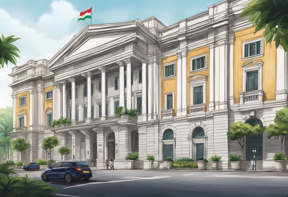 The Italian embassy in Singapore, with its grand architecture and the Italian flag flying high, stands proudly in the bustling city center
