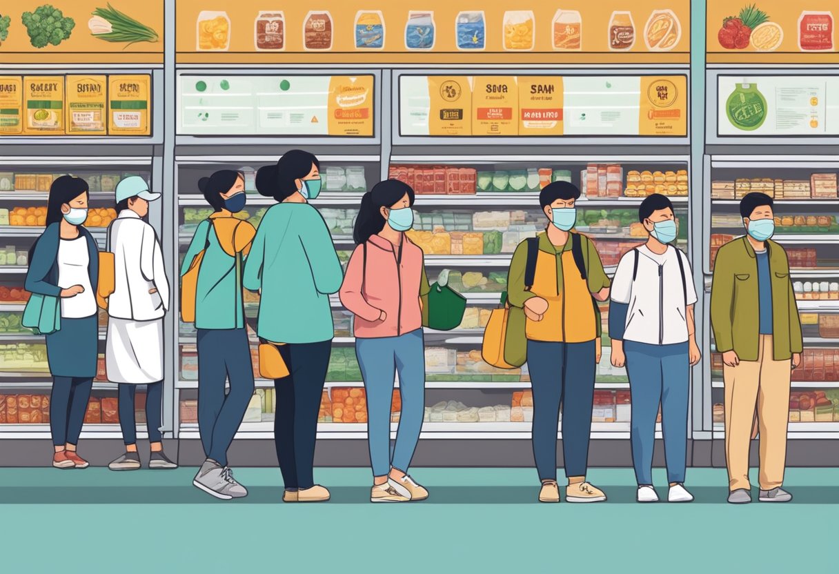 People wearing masks, standing 1 meter apart in line outside a grocery store. Signage displaying health measures and public guidance for Wuhan virus in Singapore