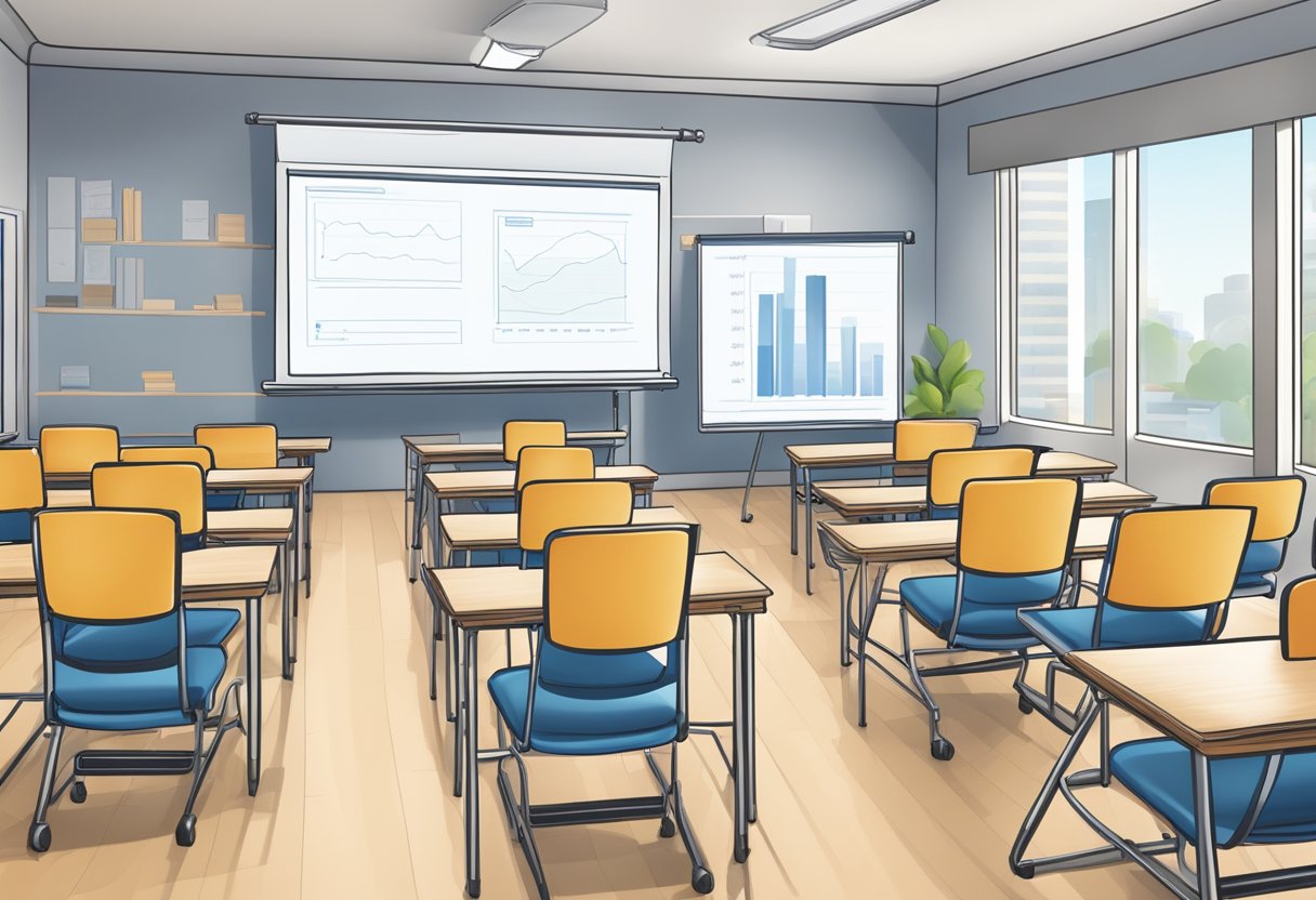 A classroom setting with a whiteboard, desks, and chairs. A projector displays security course information on the screen