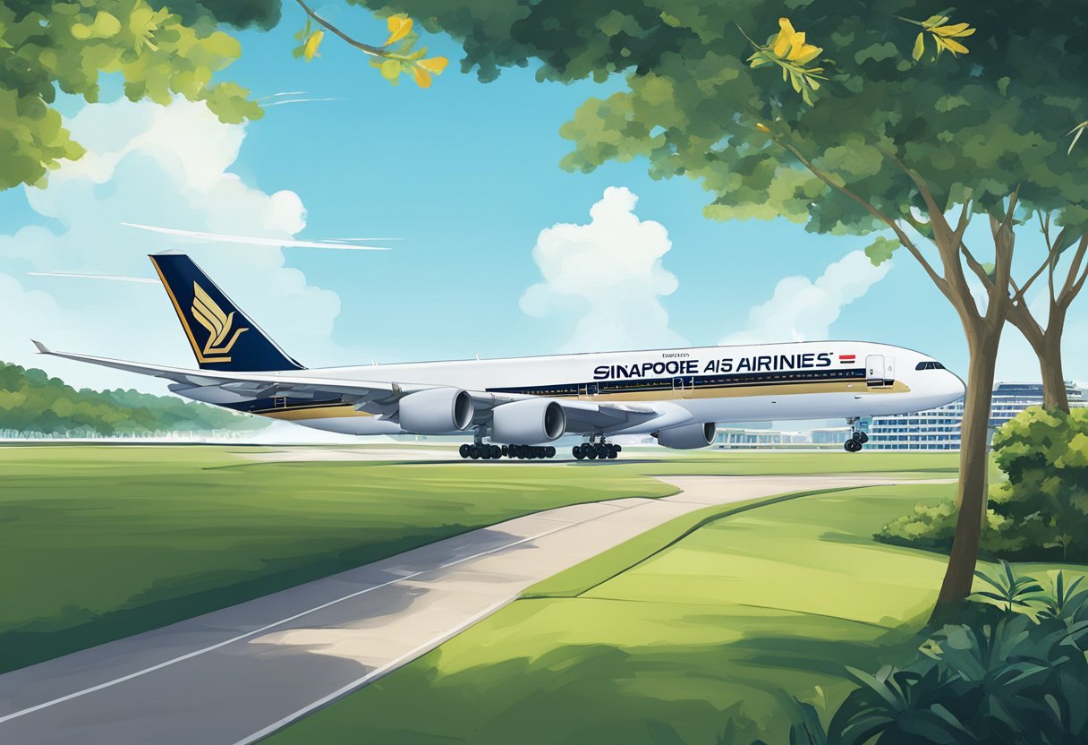 A Singapore Airlines plane takes off from Changi Airport, with the iconic control tower in the background. The clear blue sky and lush greenery of the airport grounds create a picturesque backdrop for the scene
