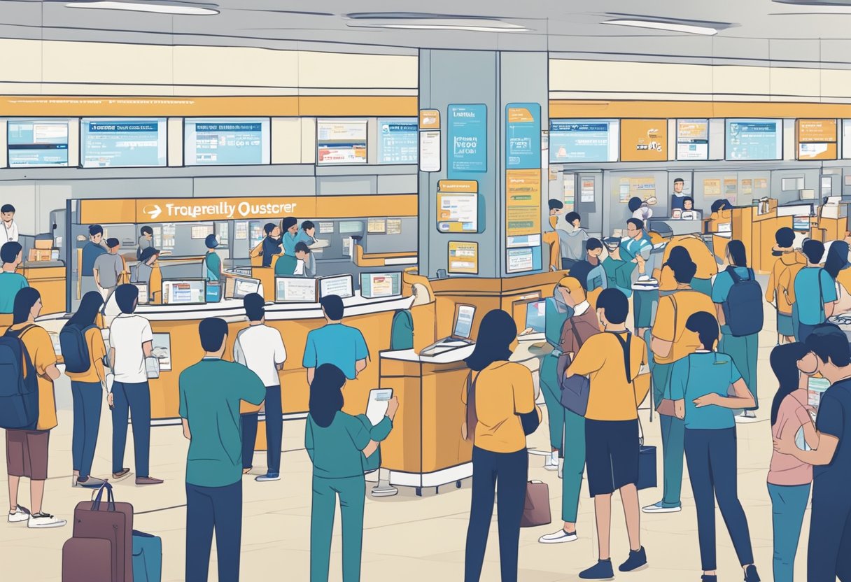 A bustling ticket counter with a large sign reading "Frequently Asked Questions" at Ticketmaster Singapore. Customers line up, while staff assist others