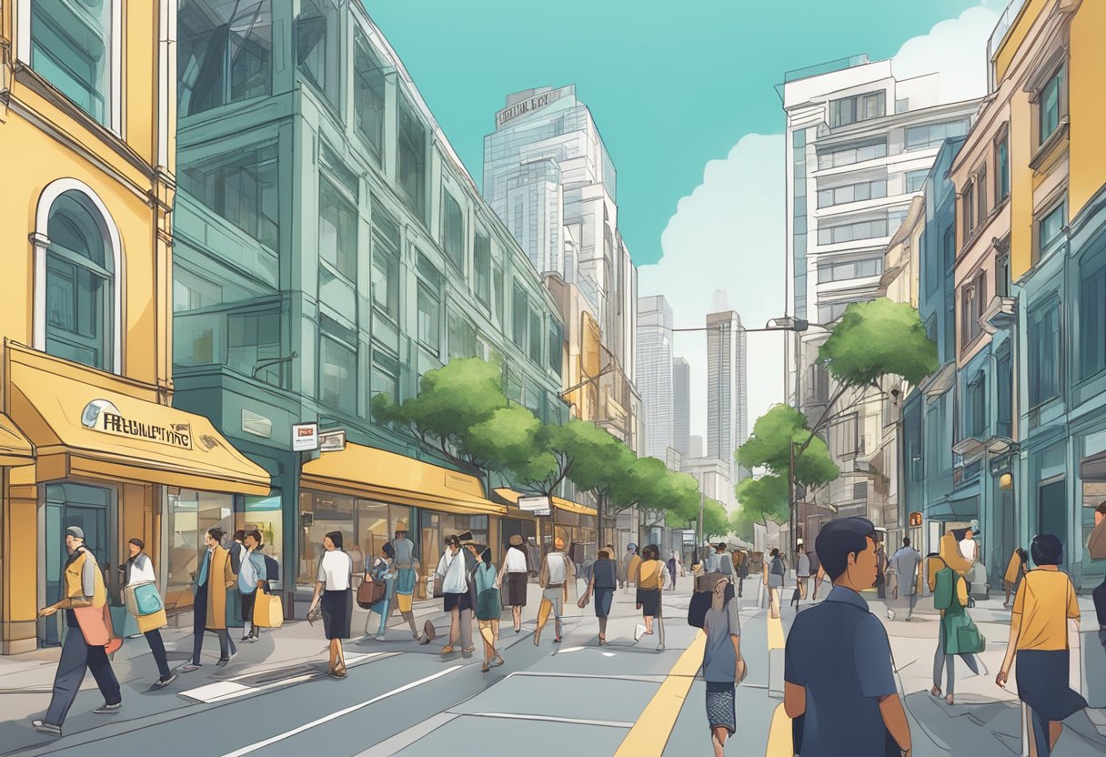 A bustling city street with a prominent sign for "Frequently Asked Questions htx singapore" and people walking by