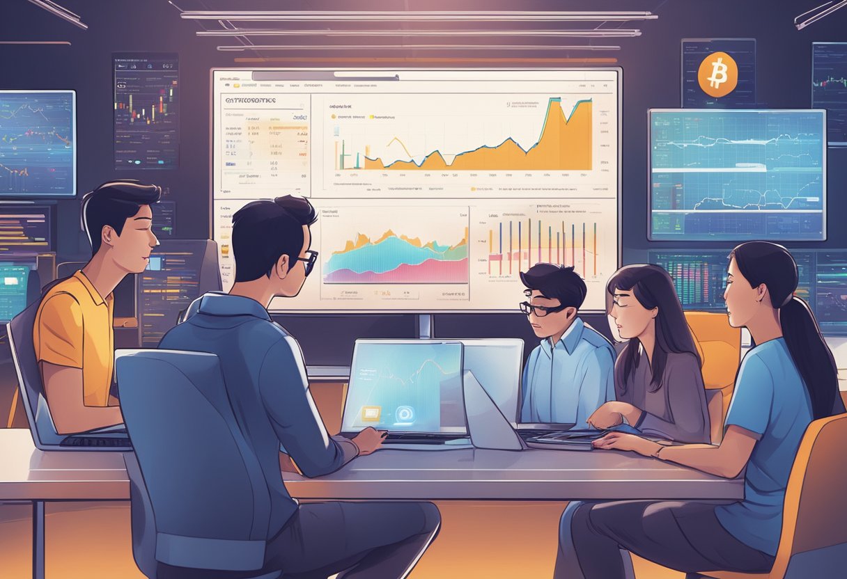 A group of people in Singapore engaging in cryptocurrency trading, with digital wallets and computer screens displaying various cryptocurrencies and investment charts