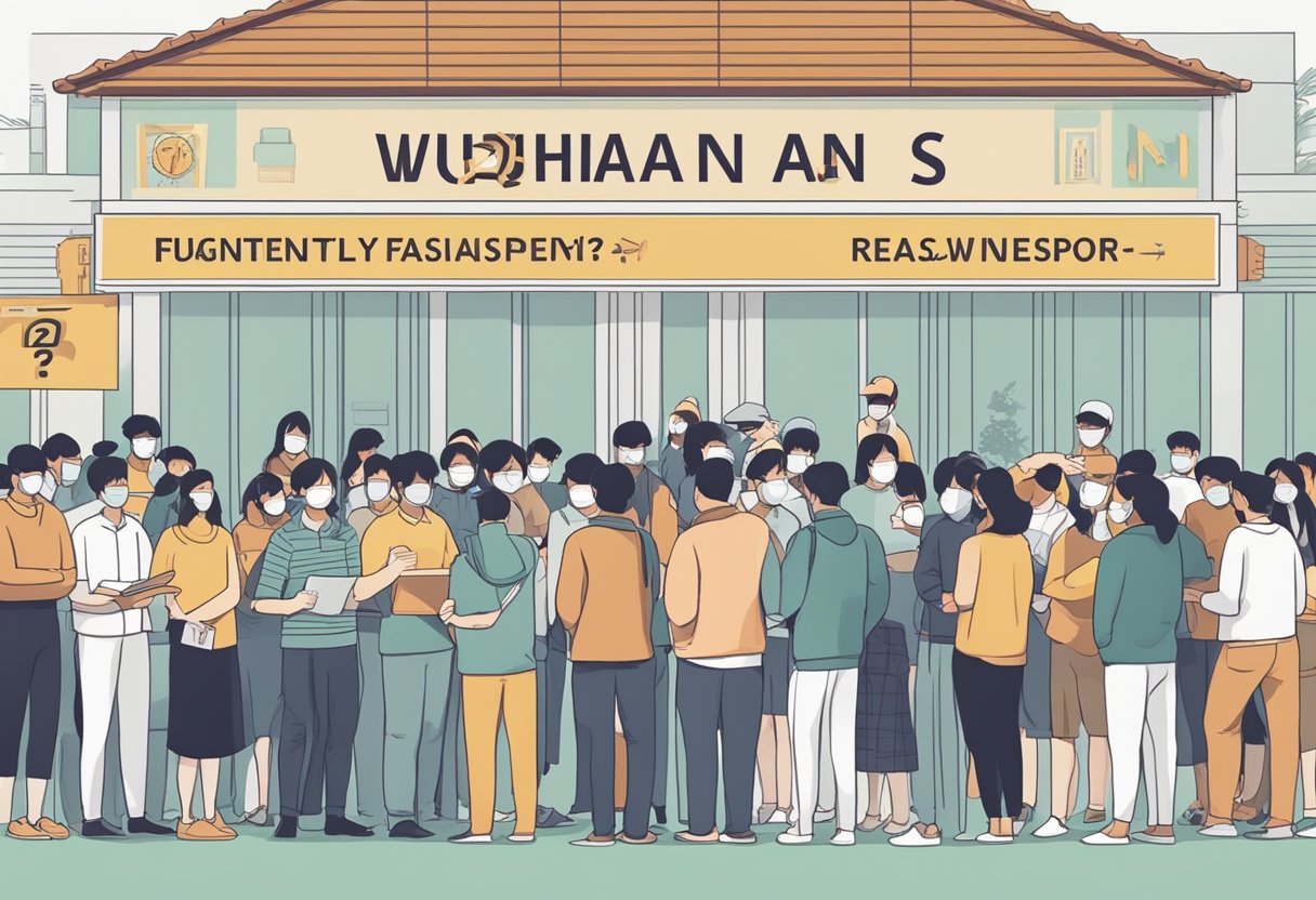 People gathered around a sign reading "Frequently Asked Questions wuhan virus singapore" with a line of individuals waiting to read it