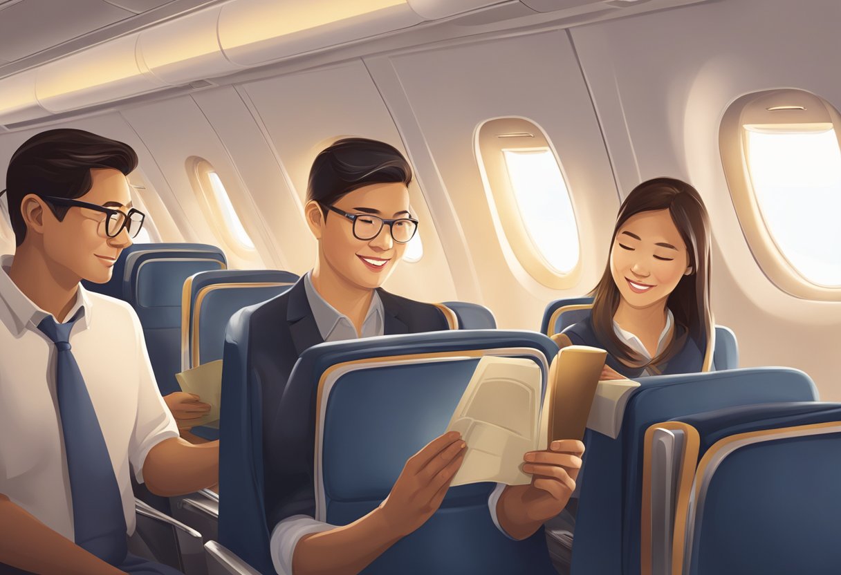 Passengers reading FAQ pamphlet. Airplane interior. Singapore Airlines branding visible. Seatback pockets. Tray tables. Calm atmosphere