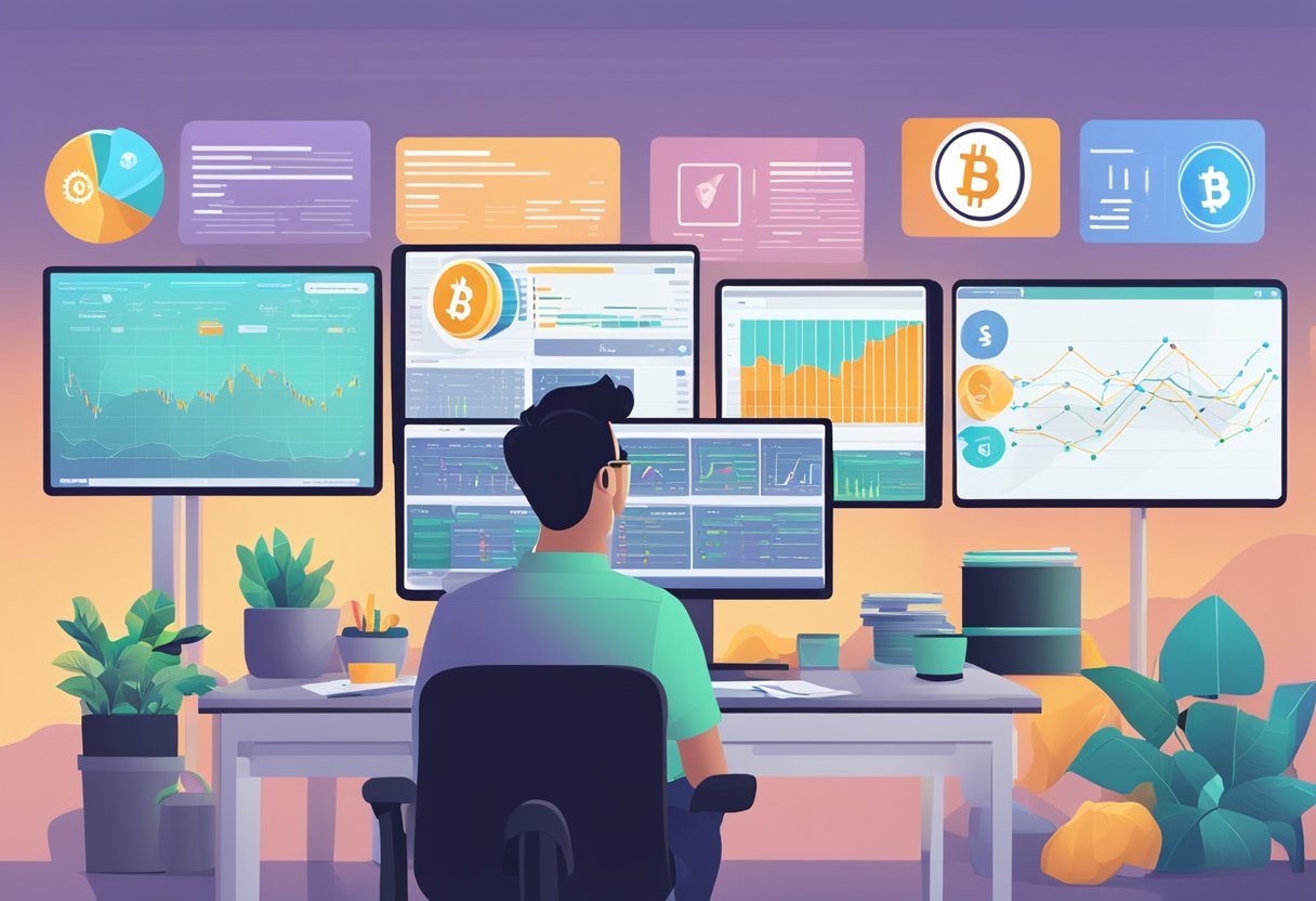 A person researching cryptocurrency options in Singapore, surrounded by charts, graphs, and a computer displaying investment strategies and considerations