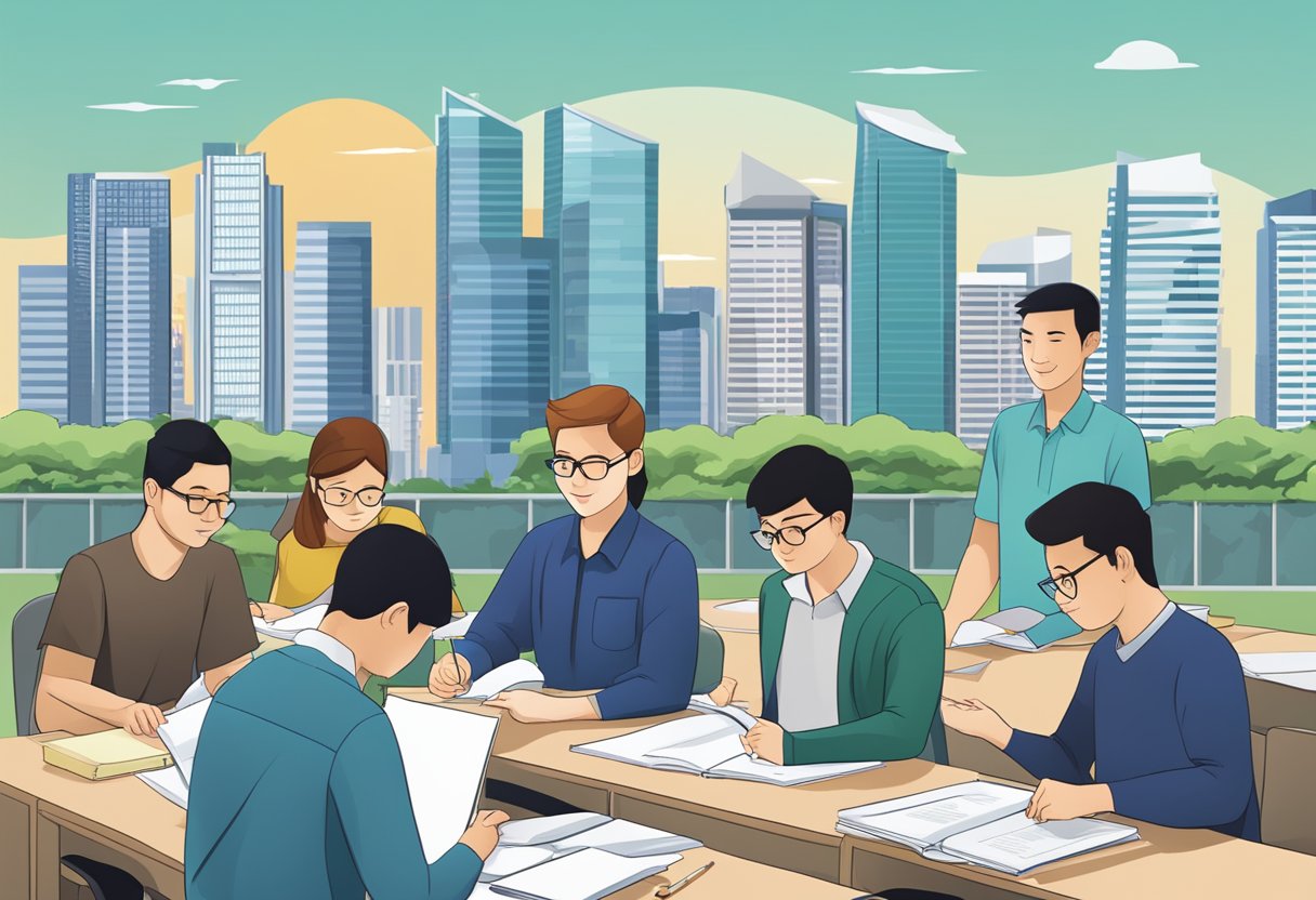 Security course pamphlet with FAQ section, Singapore skyline in background, students studying in a classroom, instructor teaching