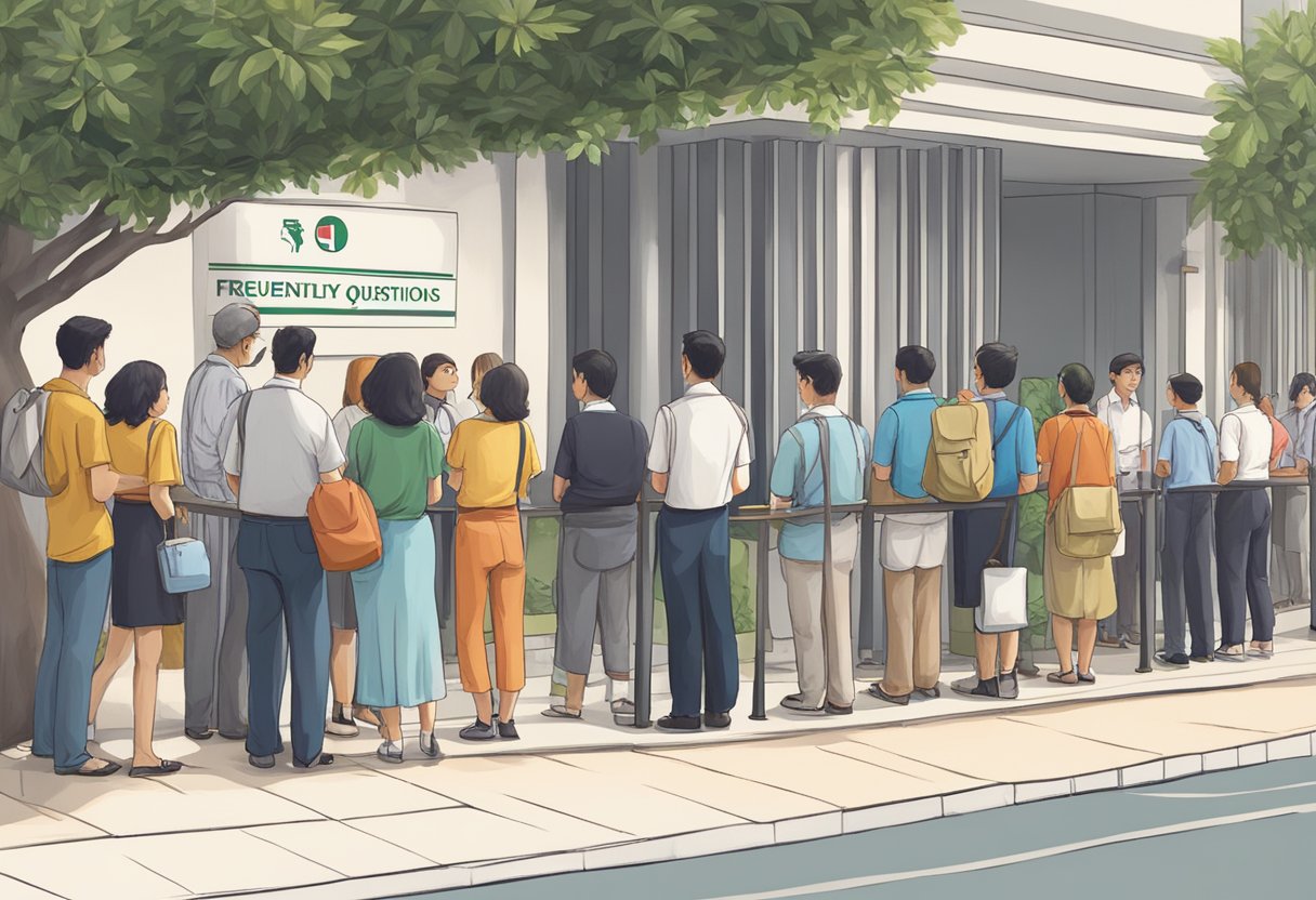 People lining up outside Italian embassy in Singapore, with a sign indicating "Frequently Asked Questions" desk