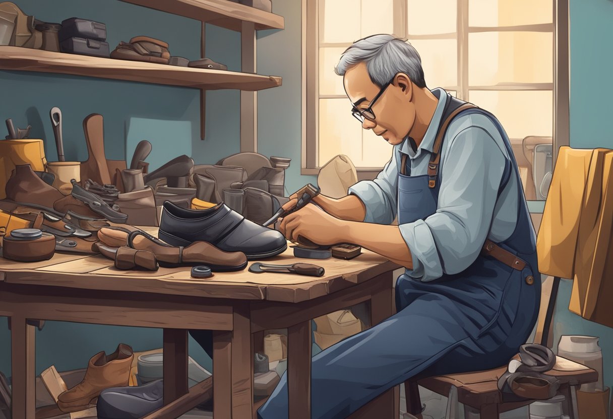 A cobbler in Singapore repairing a worn-out shoe with various tools and materials on a cluttered workbench