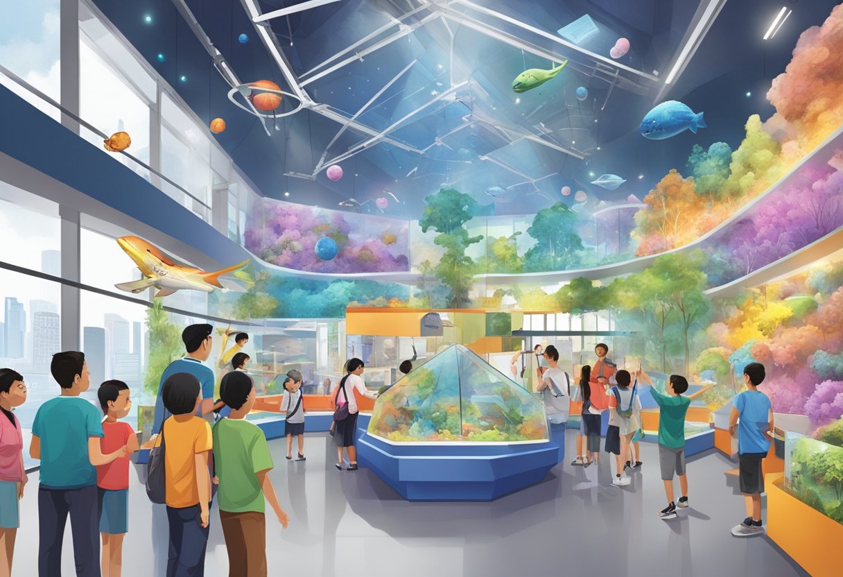 Visitors marvel at interactive exhibits in the Science Centre Singapore, surrounded by colorful displays and engaging educational activities