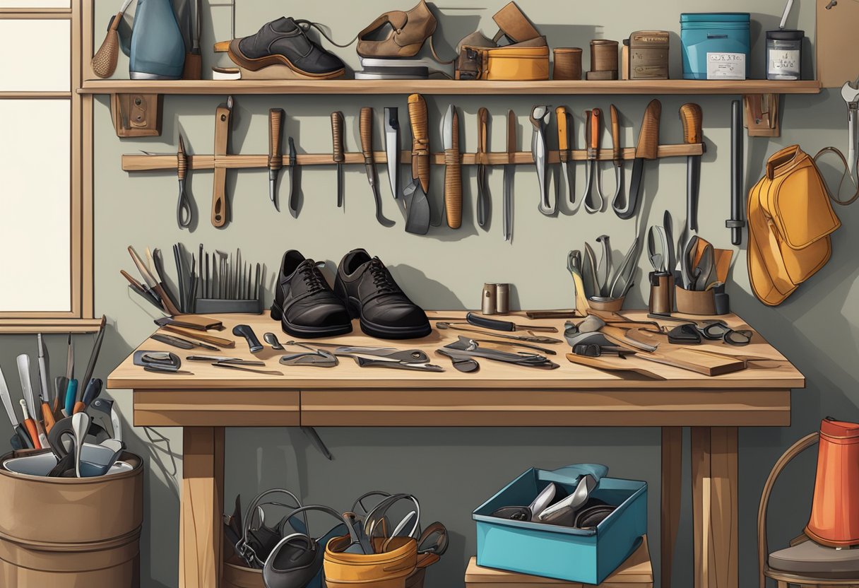 A cluttered workbench with tools and shoe materials, a sign advertising comprehensive shoe repair services in Singapore
