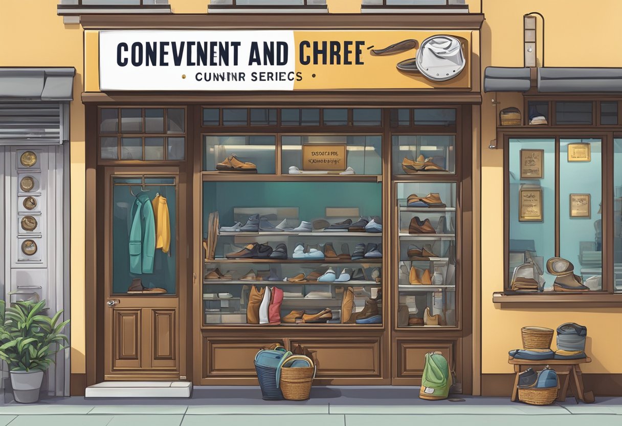 A shoe repair shop with a sign for "Convenient Services and Customer Care" in Singapore. Displayed shoes and repair tools are visible
