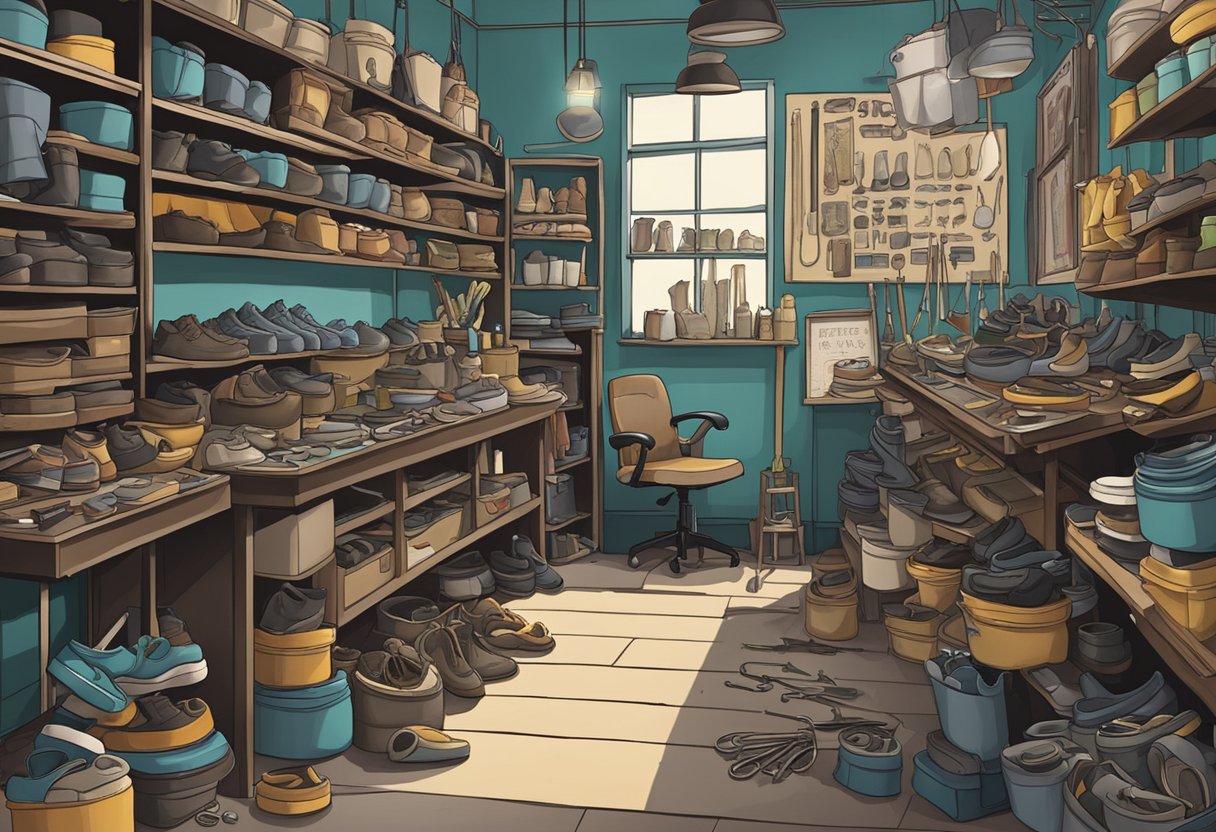 A cluttered shoe repair shop with tools, shelves of shoes, and a sign reading "Frequently Asked Questions" in Singapore