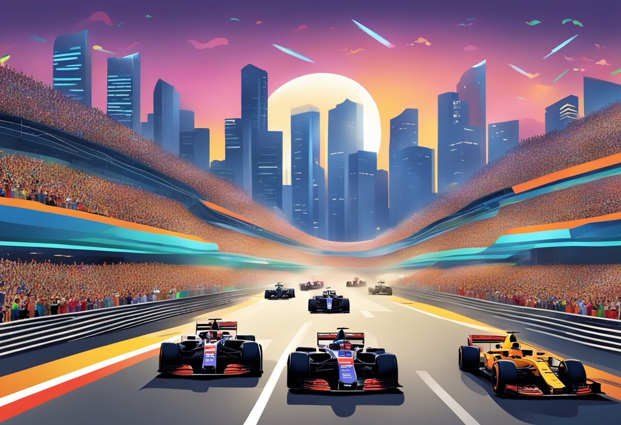 The F1 Singapore race weekend buzzes with colorful cars zooming around the illuminated city streets, while crowds of fans cheer from grandstands