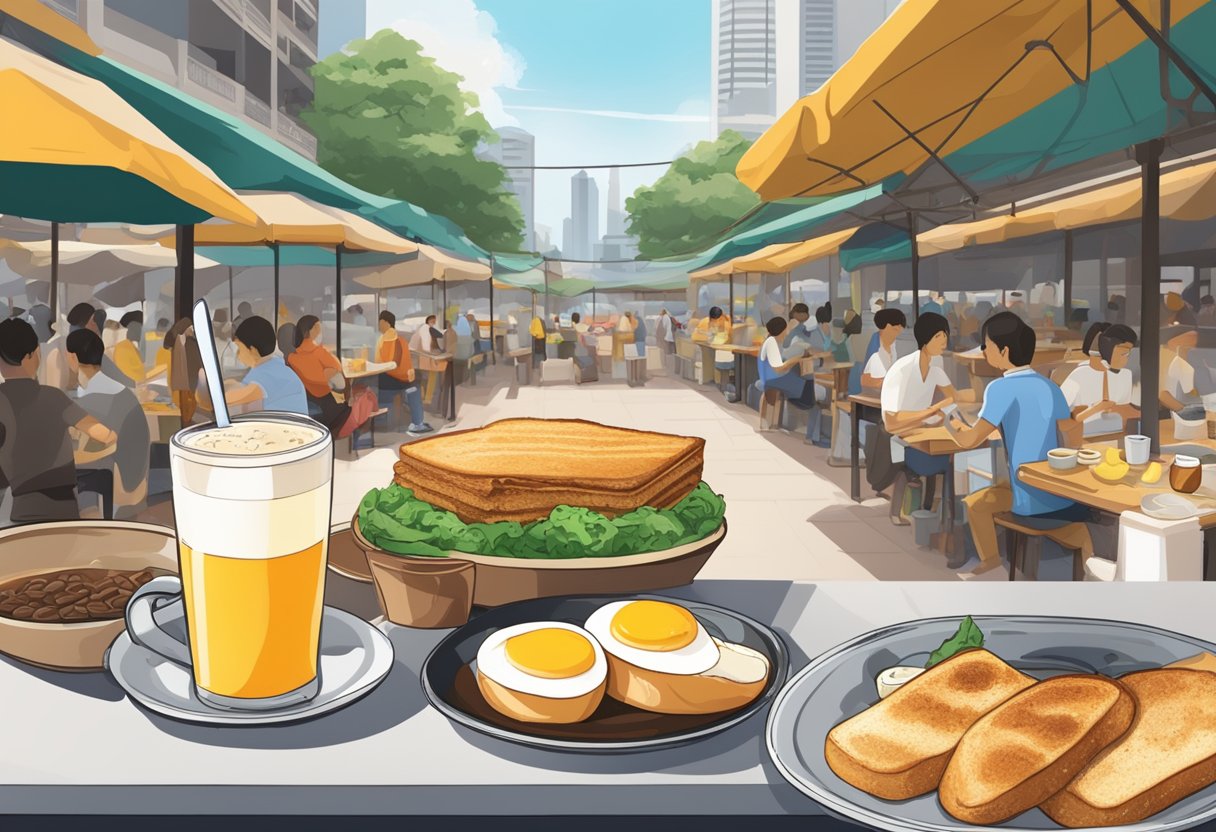 A table set with kaya toast, soft-boiled eggs, and kopi, with a view of a bustling hawker center in the background