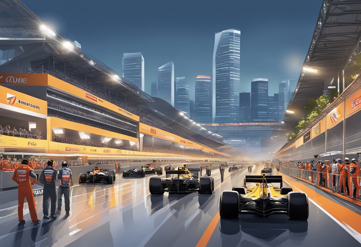 The F1 Singapore race track is bustling with teams and drivers preparing for the upcoming race. The cars are lined up in the pit lane, mechanics are making last-minute adjustments, and the atmosphere is filled with anticipation and excitement