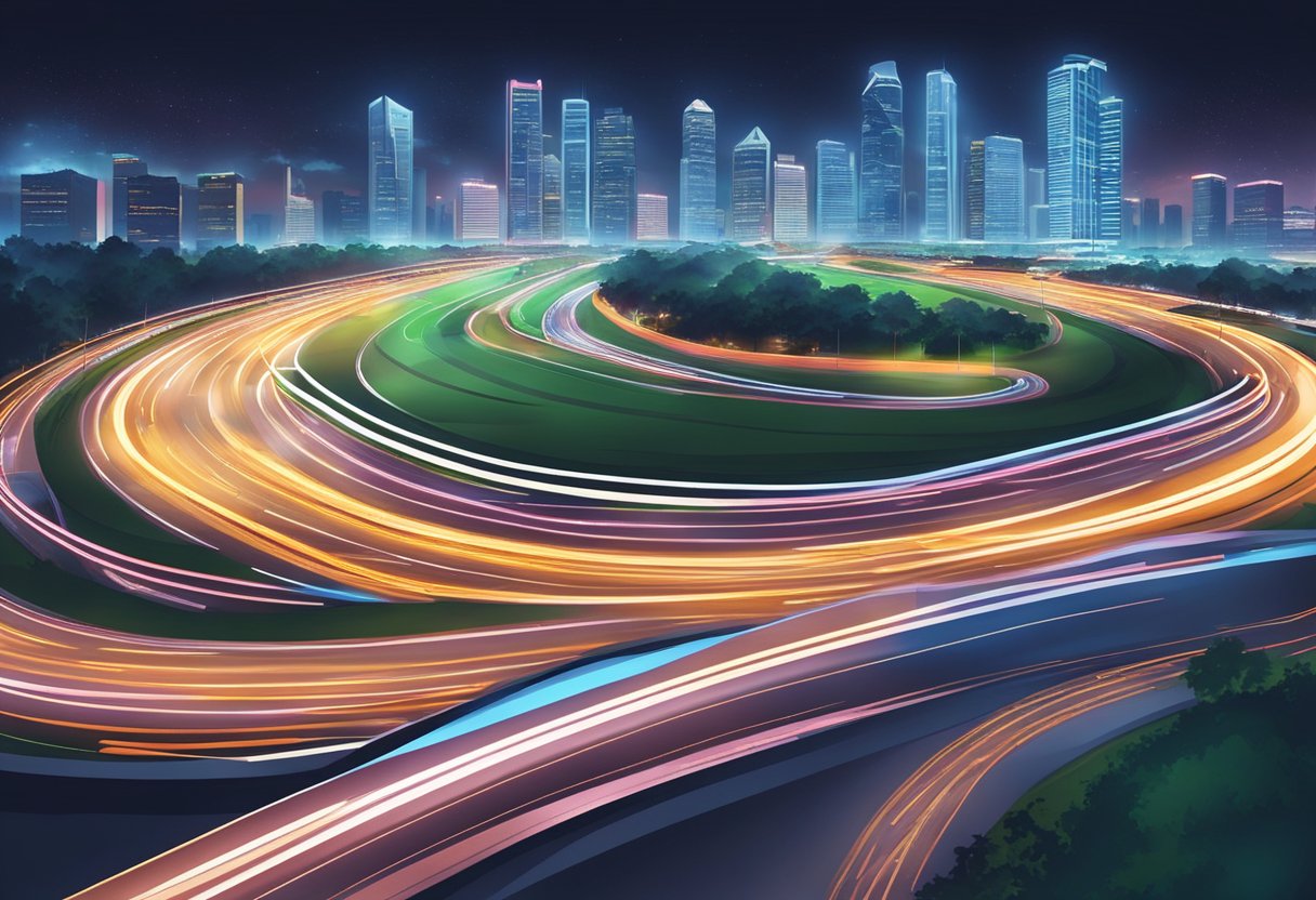Cars racing around the illuminated track at the F1 Singapore Grand Prix, with the city skyline glowing in the background