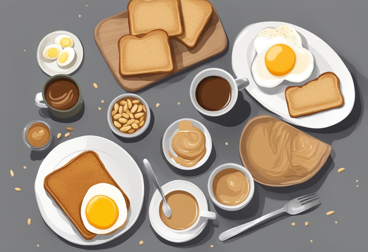 A table set with kaya toast, soft-boiled eggs, and kopi, with a side of crunchy peanut butter toast